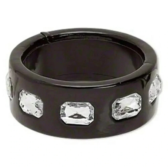 Slick Black PU Vinyl and Rhinestones Chunky Mod Retro Wide Bangle Bracelet - Picture 1 of 1